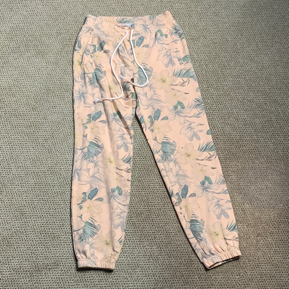 P.J. Salvage Tropical Print Joggers - Cream and Blue
